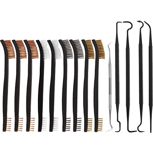 14Pack Gun Cleaning Brushes & Picks Kit Set, Double-Ended Brass Steel Nylon Phosphor Copper Bristle Brushes & Armorer Cleaning Picks for Pistol/Shotgun/Rifle