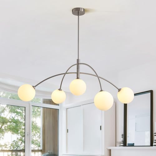 Image of Mid Century Modern Chandelier, 5 Light Silver Sputnik Light Fixture with White Glass Globe Shade, Adjustable Modern Sputnik Chandelier for Dining Room Kitchen Bedroom