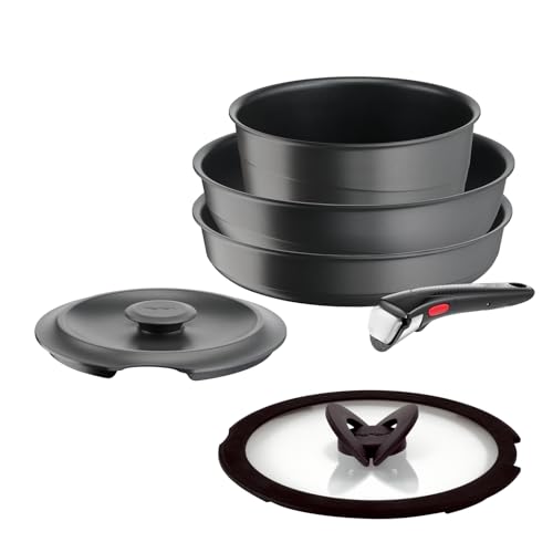 Tefal Ingenio Lot 6 pièces, Induction, Fonte d’aluminium, Poêle, Wok + couvercle verre, Cocotte + couvercle fonte, Poignée amovible, Compatible...