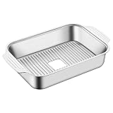 Placa de parrilla para barbacoa, sartén gruesa de acero inoxidable, rectangular de metal, bandeja de metal para mariscos de manejo seguro, bandeja de barbacoa con asa, sartén para cena familiar