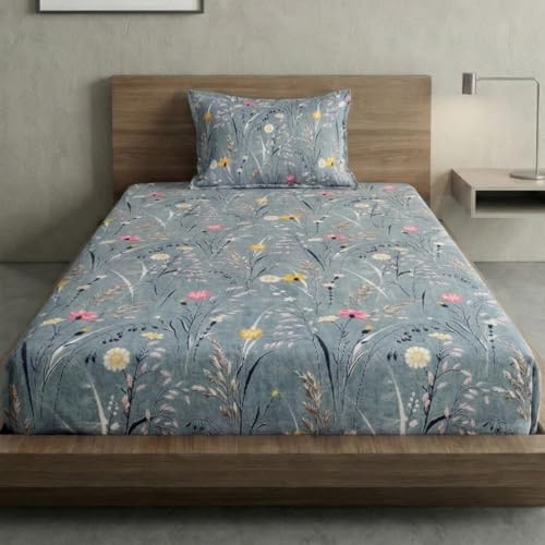 Image of Home Sizzler Floral Print Microfibre Single Bedsheet with 1 Pillow Cover - Grey & Pink