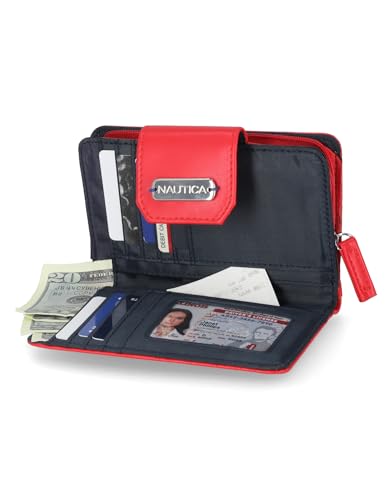 Image of Nautica Womens, Close Reach Vegan Leather RFID Wallet, Small Credit Card Holder Purse with Zipper Coin Pocket and ID Window in Red Embossed