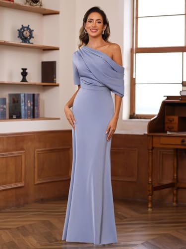 BITALY One Shoulder Satin Mother of The Bride Dress for Wedding with Sleeves Formal Dress for Women BI1573