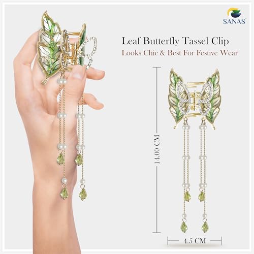 Image of Sanas Hair Clips For Women Stylish (1Pc) Clutchers For Hair Accessories For Women Leaf Shape Hair clip With Dangling Crystal & Pearl chain For Woman Aesthetic Korean Gifts For Woman (1Pc) (Green & Pearls With Crystals)