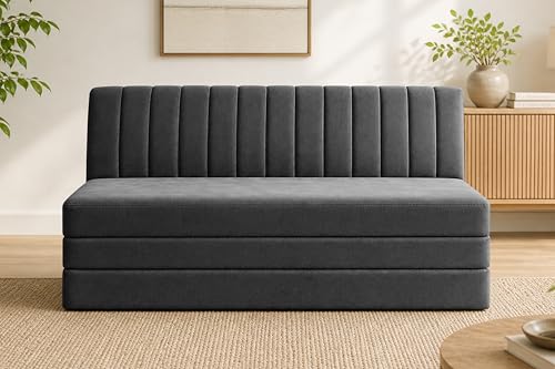 Image of 3-Seater Foldable Floor Sofa Bed with, Modern Velvet Fabric Folding Couch for Living Room, Guest Room & Small Spaces-Black