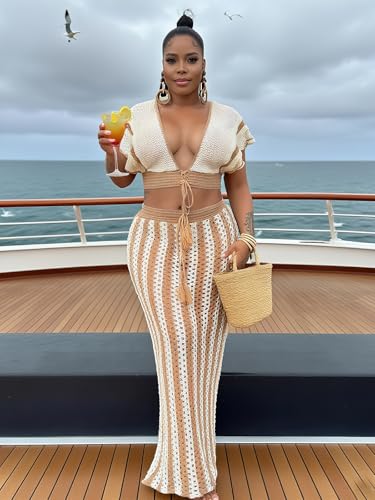 Angsuttc Skirt Sets Women 2 Piece Outfits Crochet Crop Tops and Striped Maxi Skirt Vacation Outfit3