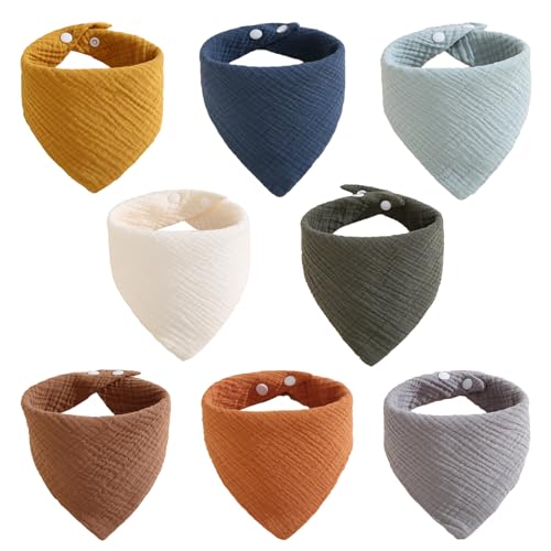CHUANFU 8 Pièces Mousseline Bavoirs Bebe, 100% Coton Bavoirs Bebe Naissance, Hautement Absorbant, Bavoir Bandana Bave Réglables pour Unisex Fille et Garçon Bave et Dentition