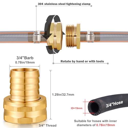 Image of Solid Brass Garden Hose Repair kit Connector with Stainless Steel Clamps, Male Adapter /Female Garden Hose Swivel Fitting (3 /4 inch Barb x 3 /4 inch Female -2 Sets)