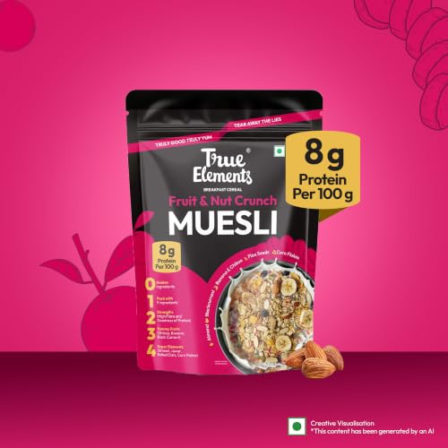 Image of True Elements Fruit & Nut Crunch Muesli 700g | Fruit and Nuts | Cereals for Breakfast | Rich in Fibre | Muesli with Oats and Nuts