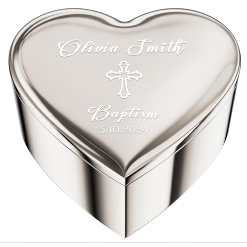 iDIY Boîte à Bijoux Personnalisée avec Croix, Nom et Date, Cadeau de Baptême pour Petite Fille, Couleur Argent-Baptême