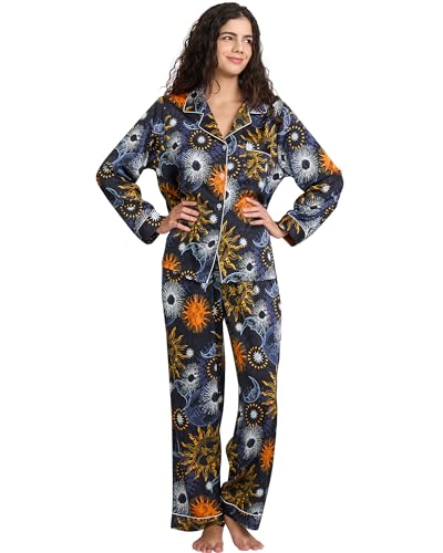 Image of YiNi LuLu Womens Silk Satin Pajamas Set Button Down 2 Piece Pjs Long Sleeve Oversized Sleepwear with Pockets