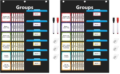 REGELETO Small Group Management Pocket Chart with 96 Cards Classroom Jobs Chart Small Group Organizer and on Task for School Teacher Homeschool Learning Supplies (Black) (Pack of 2)