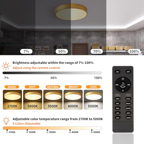 Image of Flush Mount Ceiling Light Fixtures Gold LED Dimmable 5CCT 15 Inch 36W