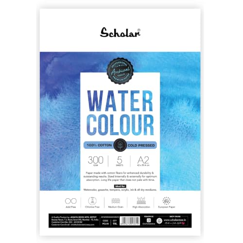 Image of Scholar 100% Cotton Watercolor Paper - 300 GSM Medium Textured Artist Paper | Cold Pressed Premium Professional Watercolour Sheets for Washes, Layering & Fine Art Painting (5 Loose Sheets) (A2)