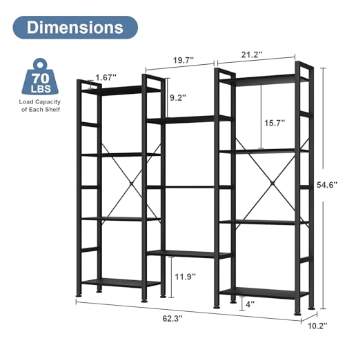 Image of DUMOS Triple Column 4 Tier Bookshelf with Adjustable Shelves, Wide Convertible Display Unit, Industrial Bookcase for Living Room & Home Office, Sturdy Freestanding Storage Decor Organizer, Black