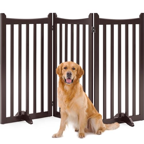 Image of Yaheetech Freestanding Wooden Dog Gate, 3-Panel 36in H Pet Barrier Espresso | Dog Fence with 2 Support Feet for Stairs /Doorways /Halls /Kitchen, Foldable Storage,Easy Assembly,Ideal for Small& Medium Pets