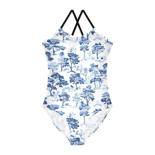 Blue Forest Tree Girls One Piece Swimsuits Quick Dry Beach Swimwear Bathing Suit