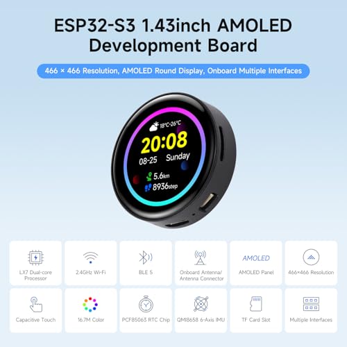 Carte ESP32-S3 AMOLED Waveshare écran circulaire programmable 466x466 QSPI tactile RTC - 3