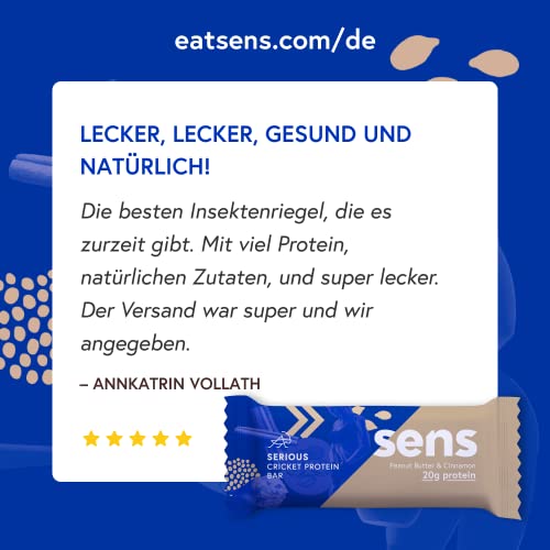 SENS SERIOUS PROTEIN Grillenmehl-Riegel - 20g Protein, Low Carb, rein natürliche Zutaten (12 x 60g) Erdnussbutter & Zimt, Essbarer Insektensnack aus Grillenprotein - Image 6