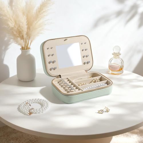 Image of Genuine Leather Travel Jewelry Organizer Case with Mirror for Women, Small Mini Portable Jewelry Box for Ring Earrings Necklace Bracelet Luxury Gift for Women（Mint Green）