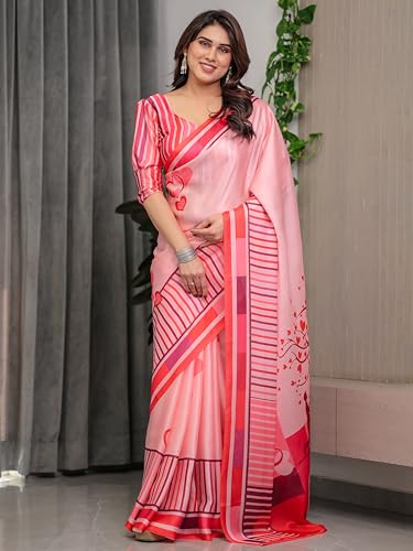 Image of ALMAARI FASHION Women's Floral Printed Georgette Satin Saree with Unstitched Blouse Piece | Traditional Ethnic Wear Sarees | Soft Lightweight Ethnic Office Wear Daily Wear Indian Sari (SG 161-170 H)