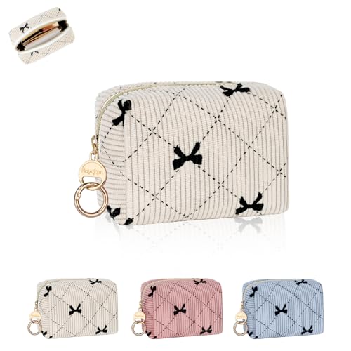 Mini Makeup Bag, Corduroy Small Cosmetic Bag for Purse with Ring Buckle, Bow Tie Travel Makeup Pouch for Lipsticks, Chapsticks, Coin, Earphone, Credit Card (Beige)