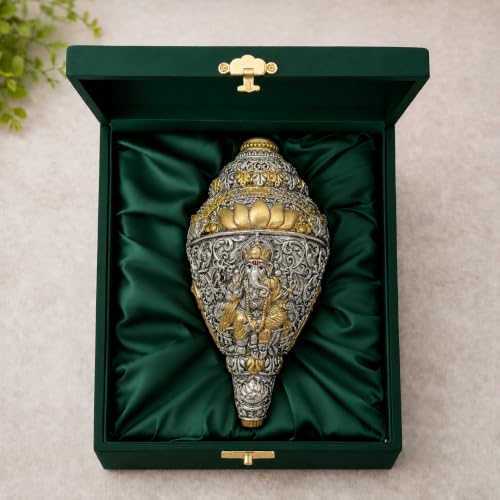 Image of 999 Pure Silver Plated & 24K Gold Plated Ganesh Shankh | Sacred 8 Inch Dual-Tone Conch Shell | Vastu Showpiece for Success & Wealth | Auspicious Pooja Gift