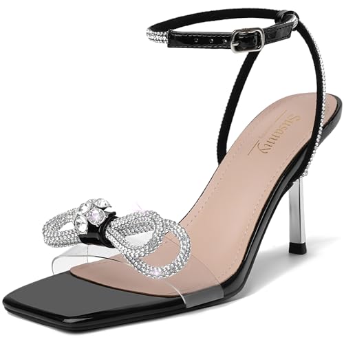 Image of Susanny Women's Closed Toe Rhinstone Wedding Low Heel Slingback Clear Kitten Heels,Adjustable Strap Pointed Toe Bow Pumps High Heeled Prom Dress Shoes