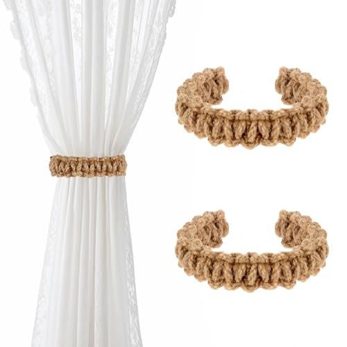 Ptwola 4 Pack Braided Curtain Tiebacks Boho Elegant Rustic Curtain Holdbacks Tie Backs Holders Set Simple Light Weight Drapes Decorative Accessories Handmade for Home Office Bedroom Window (2, Linen)