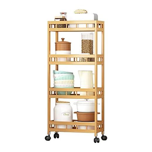 Carrinho de armazenamento fino de 4 camadas de alta montanha de bambu sólido organizador de cozinha carrinho de armazenamento móvel deslizante prateleira de despensa unidade de prateleiras de cozinha