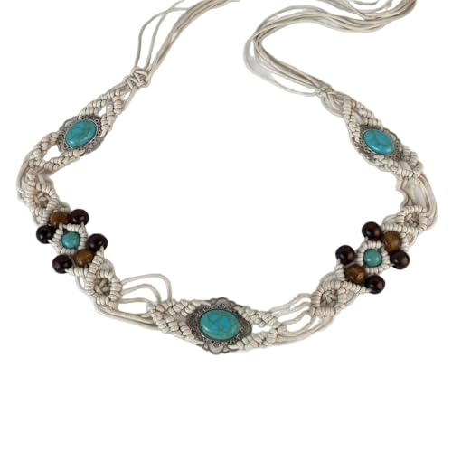 Bohemian Oval Waist Chain Belt Belly for Women Vintage Turquoise Wooden Beaded Waist Belt Body Chains Adjustable Woven Cord Jewelry Accessories for Jeans Dress