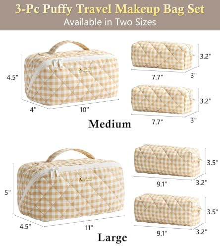 Image of Travel Makeup Bag, Large Capacity Puffy Toiletry & Cosmetic Bag for Women | 3 PCS Open Flat Quilted Makeup Cosmetic Organizer, Waterproof w /Clear Divider Portable Pouch for Skincare Travel Essentials