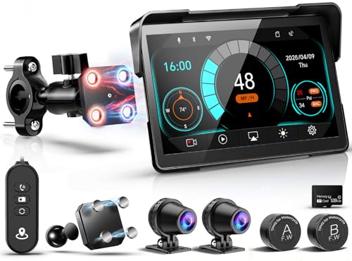 2026 LBW 7" Wireless GPS Motorcycle CarPlay(Includes 128G SD) with Android Auto Navigation, Dual 2K Dash Cam, HD Waterproof Screen, TPMS, Remote Control, BT, Quick Release Anti-Theft Design Mount
