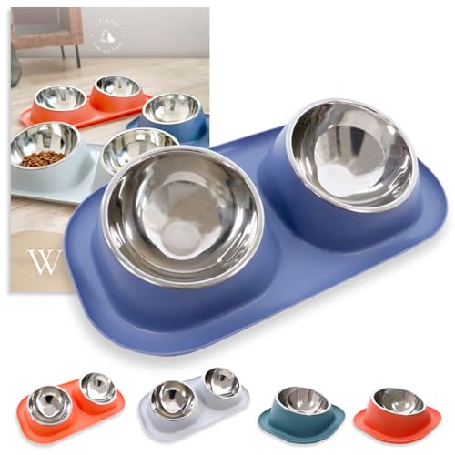 Lil&Fam 犬 猫 フードボウル 【15度の傾斜&食べこぼし防止スタンド付き】ステンレスボウル 犬 猫 ペット 餌入れ 皿 食器 餌台 ご飯台 (ブルー, 大(ダブルボウル))