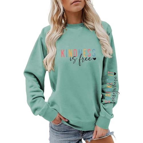 Generisch Women's Sweatshirt with Positive Message, Pullover with 'Kindness is Free' Print, Long Sleeve Shirt with Statement Print on the Sleeve, style_n08 blue, M