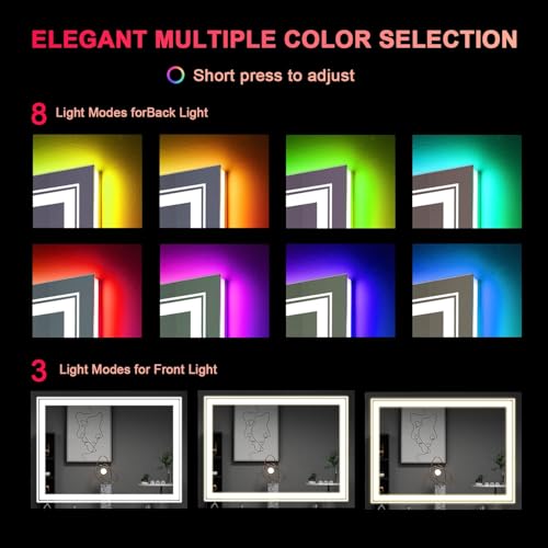 LED Mirror for Bathroom, 40"X32" with 8 RGB Backlit +3 Front Lit (Adjustable Individually), Anti-Fog, Lighted Bathroom Vanity Mirror for Wall, Shatterproof, Memory Function, Tempered Glass