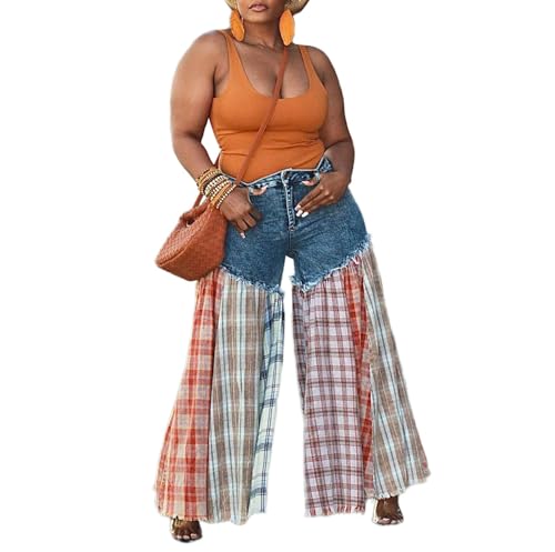 Women's High Waist Plaid Patchwork Flare Denim Pants Ruffle Hem Jeans