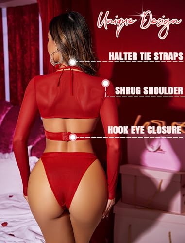 Image of Avidlove Rave Outfits for Women Festival Sexy Lingerie Bodysuit 2 Piece | Buckle shrug crop top halter bodysuit set, snap closure, breathable mesh, for concerts and club nights