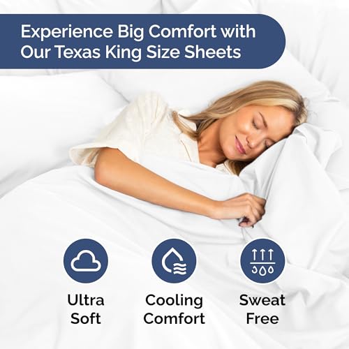 Image of Texas King Sheets - 4 Piece Luxury Texas King Bed Sheets 98 inch x 80 inch - White | Soft, Cooling, Comfy & Breathable, 1 Flat, 1 Fitted & 2 Pillowcases w / 12 inch to 16 inch Deep Pockets, Wrinkle Resistant & Fade Free