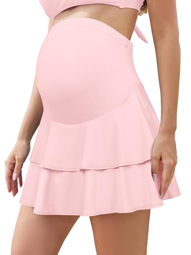 SHEKINI Falda de natación de maternidad de cintura alta con volantes para mujer con bolsillos incorporados, Rosa., M