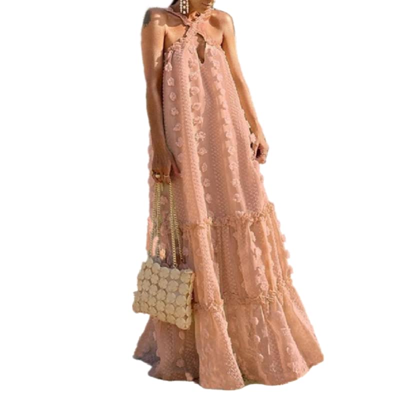 Women's Summer Halter Neck Sleeveless Dresses Casual Loose Tiered Layered Ruffles Cami Beach Boho Flowy Maxi Dress