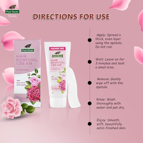 Image of Pure Roots Rose Hair Removal Cream 50g Pack of 3, Gentle formula Enriched with Rose Oil and Shea Butter, Painless, Easy and Effective Hair Removal Cream for Women and Men