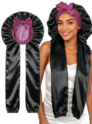 Double Layer Silk Satin Bonnet,38" XL Bonnet for Long Hair Braids Black