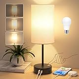 STANBOW Bedside Lamps Touch Control, 3-Way Dimmable Table Lamp with USB A+C Charging Ports (Black Base-Beige Shade)