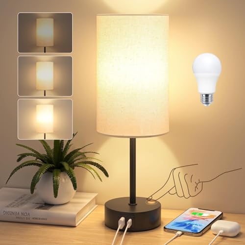 STANBOW Nachttischlampe Touch Dimmbar, Tischlampe mit USB A+C Ladeanschlüssen...