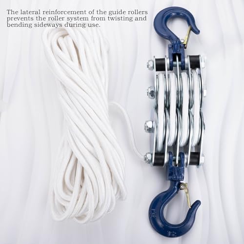 SHINICO 1Ton Four Cable Pulley Block, Heavy Duty Pulley System, Lifting Block Hoist with Hook and 65ft/20m Nylon Rope 0.39\"/10mm