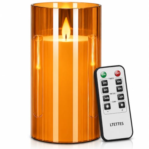 Image of LTETTES Real Wax Led Candle with Glass Cup | Flameless Flickering Wick | Amber Glass Finish | Battery Operated with Remote Controller | Decorative Candle for Home, Festival & Gifting | D-3 inch x H-7 inch