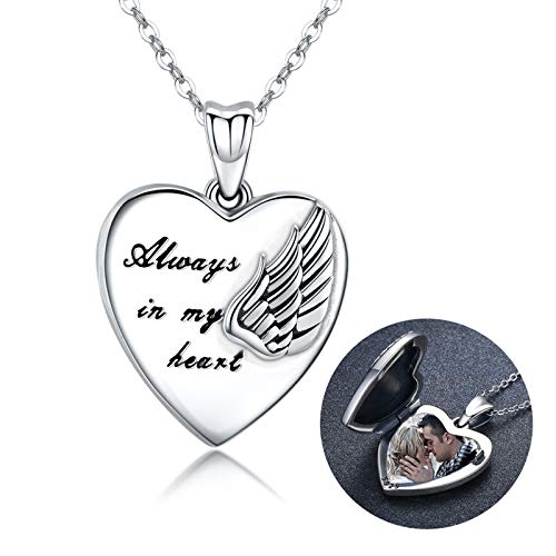 MEDWISE Locket Necklace That Holds Pictures Angel Wings Locket Necklace Pendant Gift for Women Always in My Heart Photo Lockets Keepsake 925 Sterling Silver