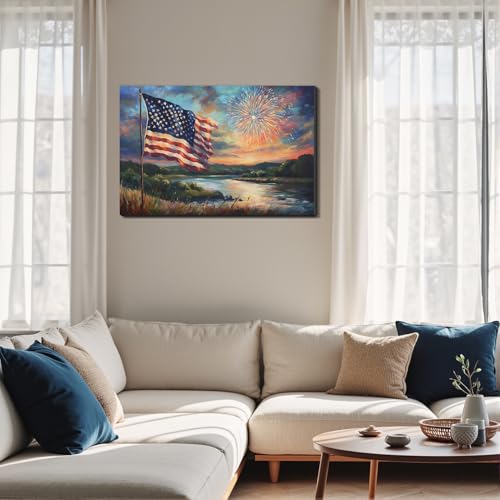 Image of Framed American Flag Sunset Fireworks Wall Art, Patriotic 4th of July Canvas Art Pictures, USA Flag Wall Decor for Living Room Man Cave Bar, Ready to Hang Made in USA