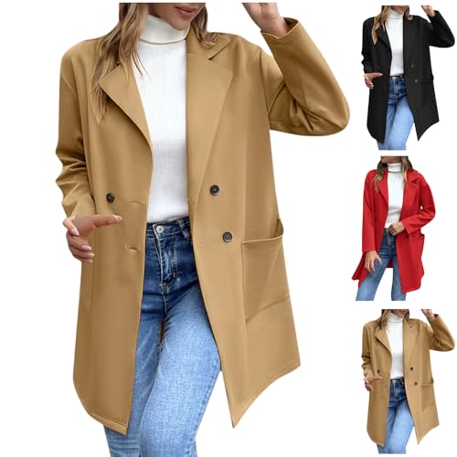 Womens Blazers Business Casual Double Breasted Notch Lapel Long Pea Coat Loose Fit Winter Trench Coat Outwear